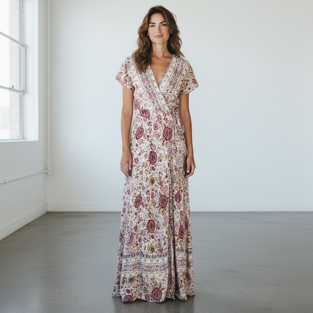 Boho Cottagecore Floral Wrap Maxi Dress M Floor Length Pink 100% Cotton Romantic